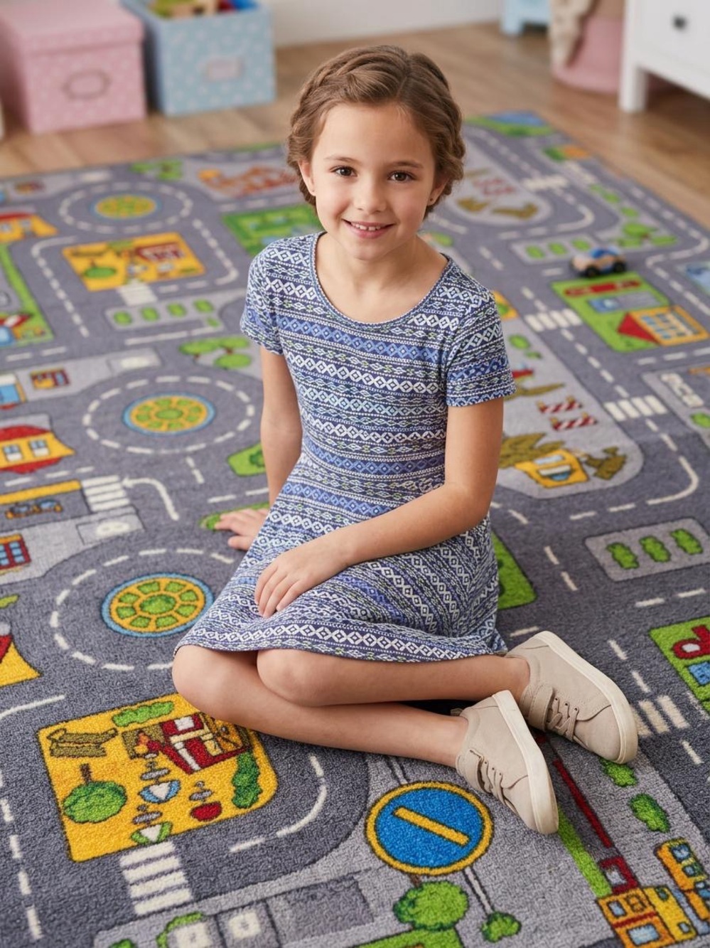Girls' Blue Geo-Print Short Sleeve Casual Dress